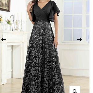 Elegant Black and Gray Floral Evening Gown